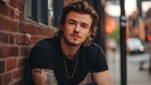 Urban portrait shows tattooed man leaning against brick wall.