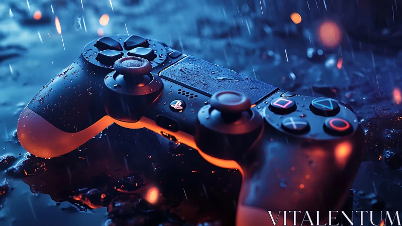 Wet gaming controller under neon rain on reflective ground.