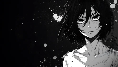 Brooding anime heroine stands in stark monochrome splatter art.
