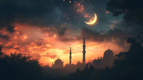 Crescent moon glows above silhouetted mosque skyline at dusk