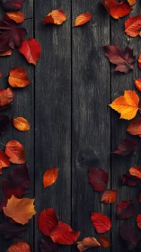 Autumn leaves scattered on dark wooden background panel.