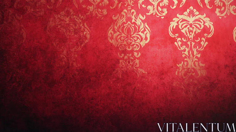 Ornate gold damask pattern glows over distressed red background