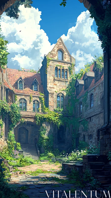 Sunlit ivy-clad stone courtyard under volumetric cumulus sky.