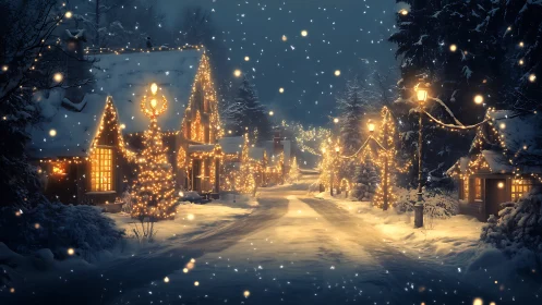 Snow-covered village street glowing with festive winter lights.