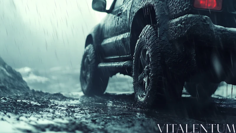 Rain-soaked off-road SUV carving tracks through wild mud.