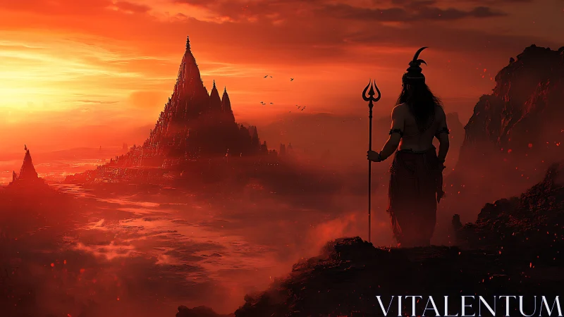 Sun-forged deity surveys a blazing temple kingdom at dusk.