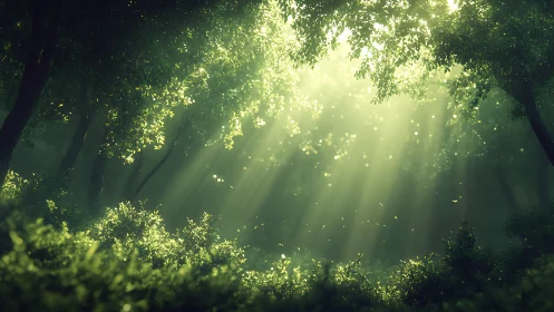 Forest canopy with divine light rays piercing through foliage.