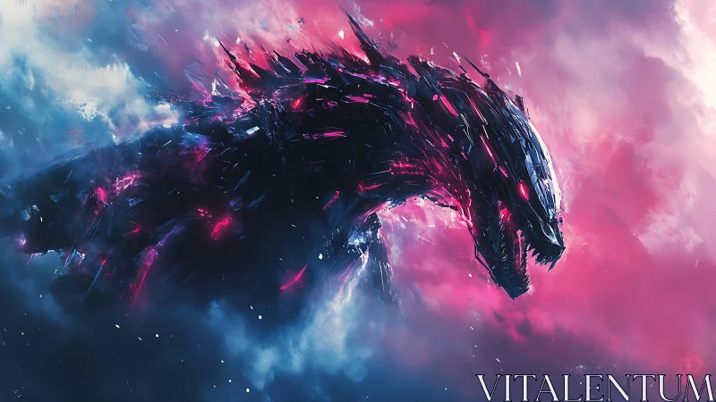 Cyberpunk kaiju construct amid neon stormcloud gradients.