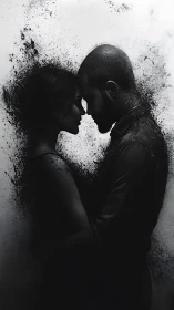 Two silhouettes locked in intimate moment with particle dispersal