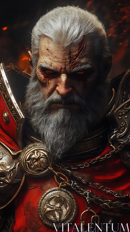 Battle-scarred paladin in embossed plate armor under ember glow