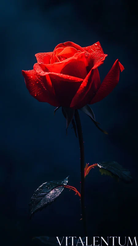 Crimson rose with water droplets photographed against deep blue backdrop.