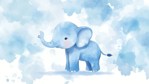 Cute blue baby elephant stands against soft watercolor sky