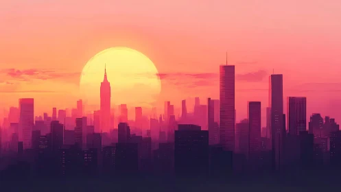 Neon sunset illuminates dense futuristic city skyline
