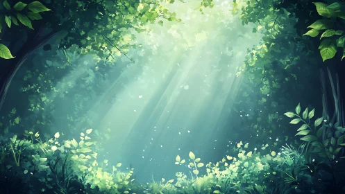 Sunbeams drift like whispered secrets through lush forest