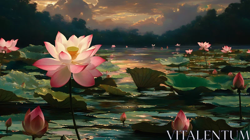 Lotus lanterns drifting through dusky, painted waterscape.