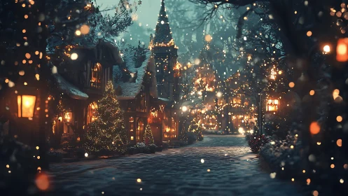 Snowlit village lane woven with golden winter lanterns.