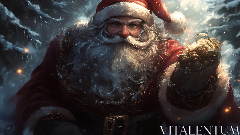 Santa Claus portrait in dramatic blizzard lighting close-up.