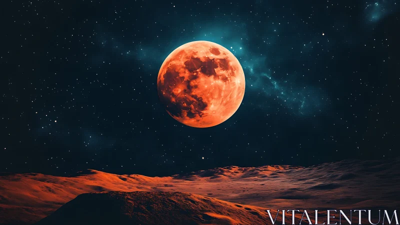 Blood moon rises above alien desert under starry void.