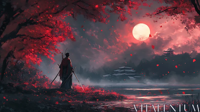 Lone samurai contemplates a crimson moonlit lakeside scene.