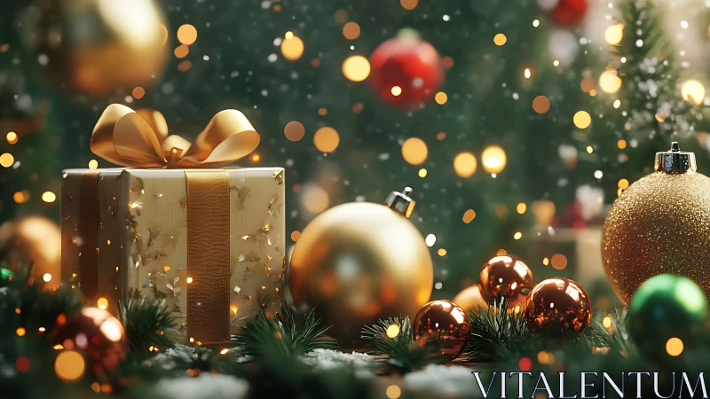 Golden Christmas gift box with ornaments and bokeh glow.