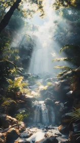Tropical Waterfall Sanctuary With Golden Misty Sunlight Filtering