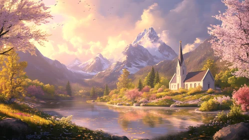 Mountain chapel stands beside reflective river in spring light