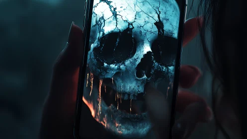 Cracked digital skull glows ominously on smartphone screen.