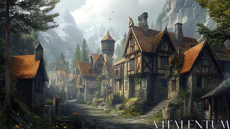 Medieval mountain village basks in quiet morning light.