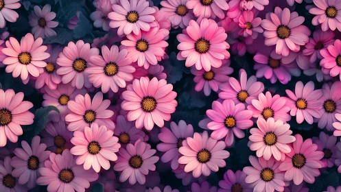 Pink Daisies Dense Cluster Against Dark Teal Background