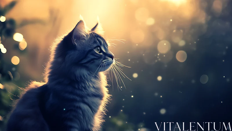 Fluffy Cat Portrait with Golden Hour Glow and Bokeh Lights.