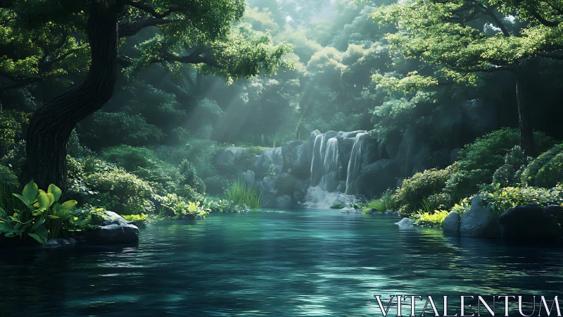 Luminous Forest Waterfall Cascading Into Turquoise Pool