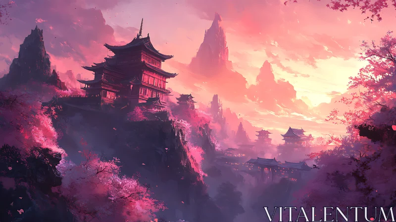 Blossom-soaked mountain temples under a watercolor sunrise.