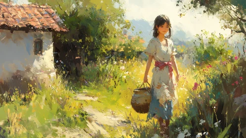 Sunlit village girl walking through impressionist garden path.