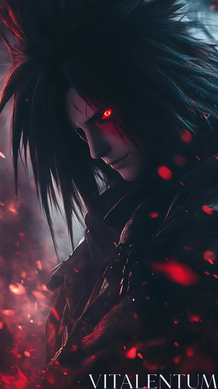 Crimson-eyed warrior portrait in ember-filled atmosphere.