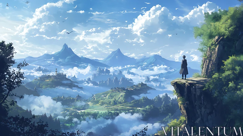 Wanderer greeting a dreamy valley of clouds and peaks.