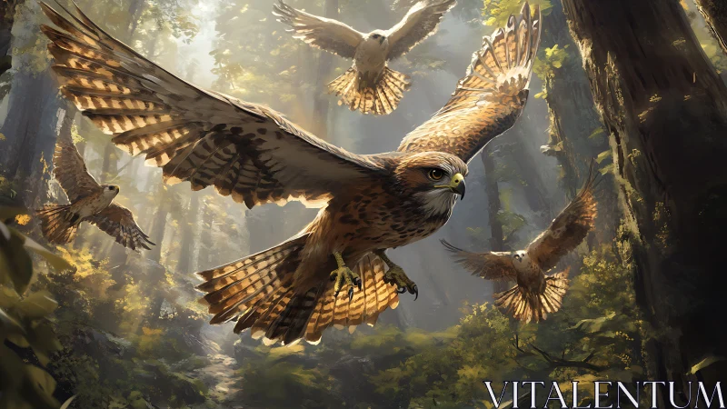Majestic hawks soaring through sunlit forest in realistic art.