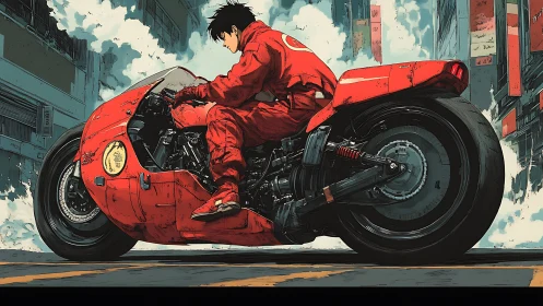 Motorcyclist sits on streamlined red bike in urban street