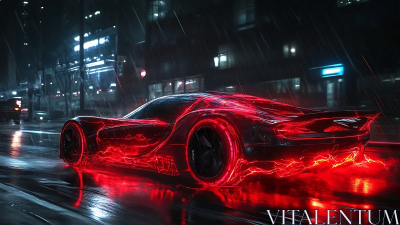 Neon storm hypercar ignites a rain-soaked cyber city street.