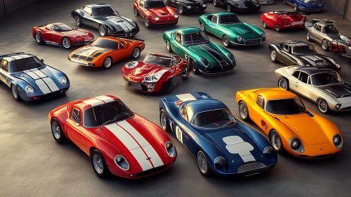 Collection of colorful classic sports cars arranged in rows