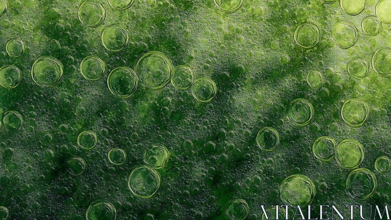 Green liquid surface with dispersed circular air bubbles.