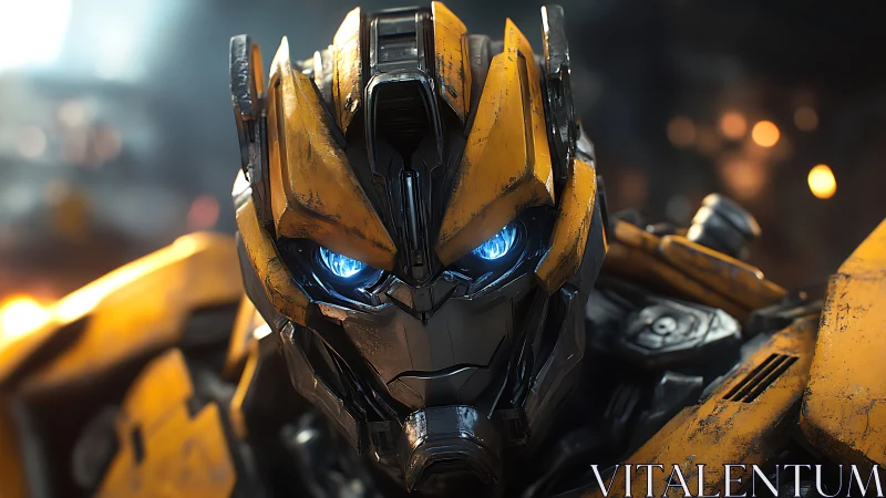 Yellow robotic head is rendered in close-up frontal view