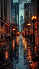 Rain-soaked urban canyon with lamplit reflections at dusk