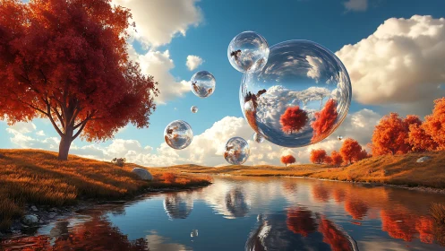 Reflective spheres hover above autumn trees and river