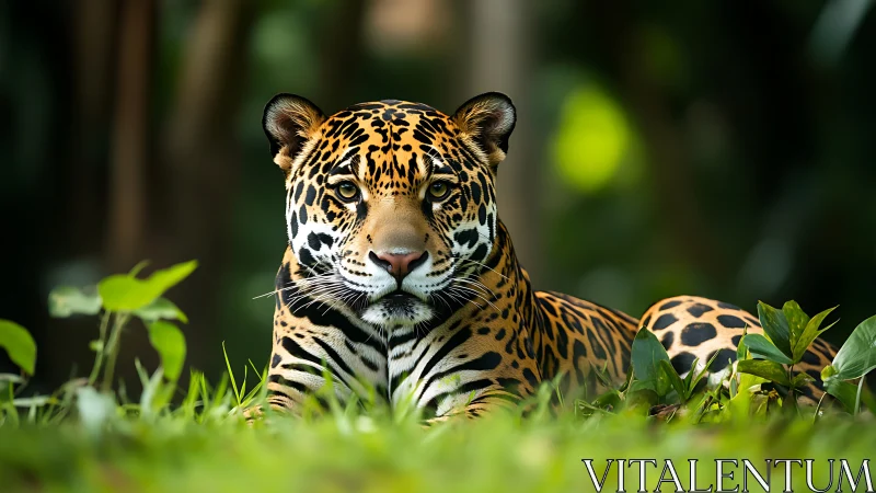 Jaguar resting in rainforest understory, shallow depth of field.