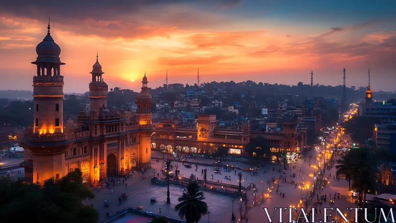 Sunlit minarets crown a glowing city as evening hums below.