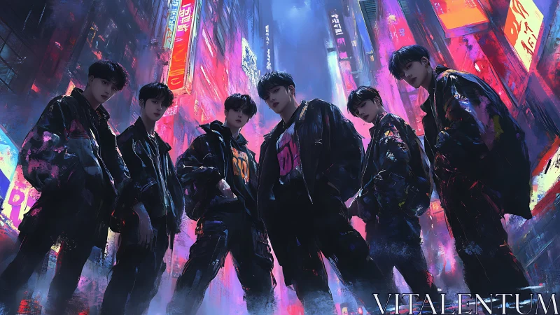 Cyberpunk street crew under neon canyon perspective framing.