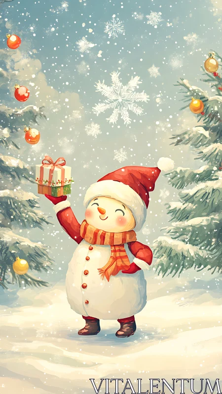 Joyful snowman lifts a Christmas gift in a snowy forest