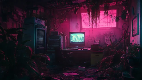 Retro workstation in overgrown neon server room with CRT display