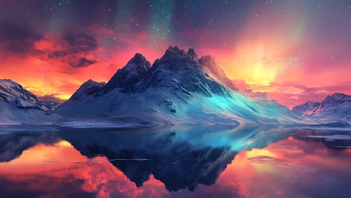 Glowing polar peaks rise above aurora-lit, mirror-still waters