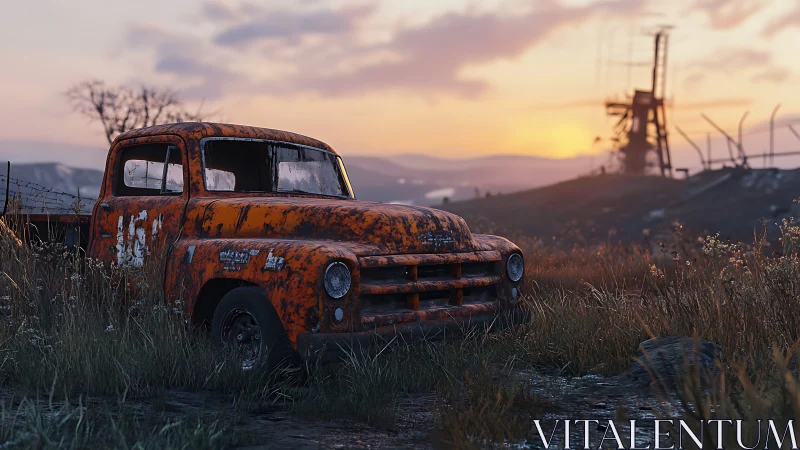 Rusty orange pickup truck abandoned in overgrown field.